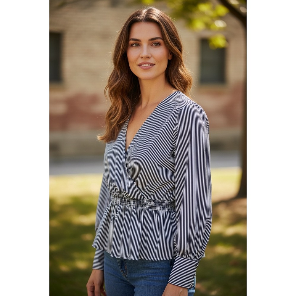 Express Womens Navy Blue White Striped Wrap Peplum Blouse Long Sleeve V-Neck L